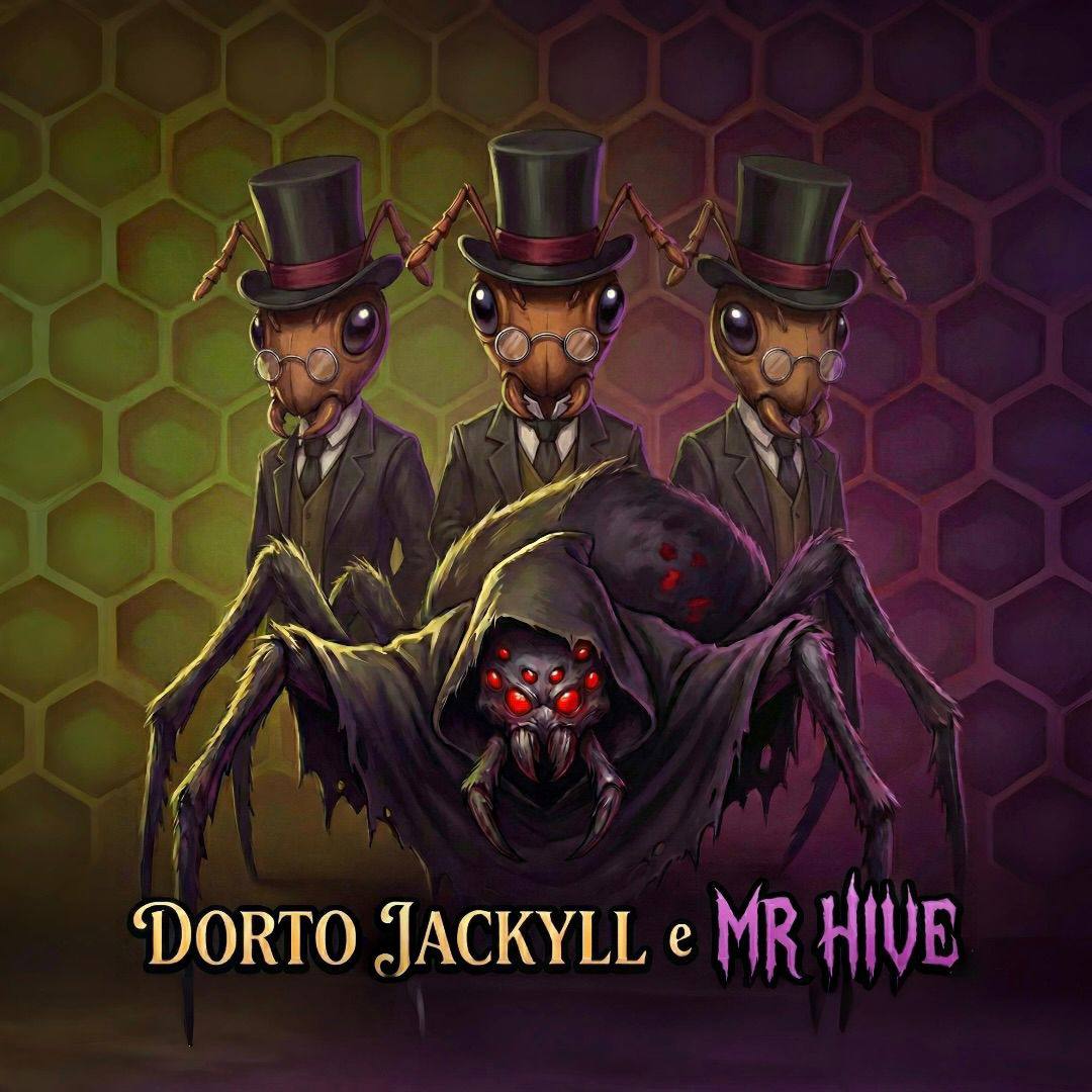 The three student creators of MrHive illustrated as distinguished ants, with a large spider in front